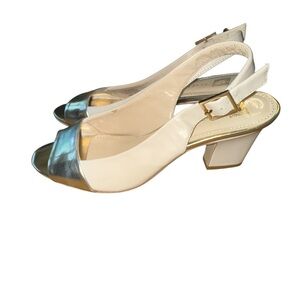 Anne Klein Cream and Silver Slingback Open Toe Heels